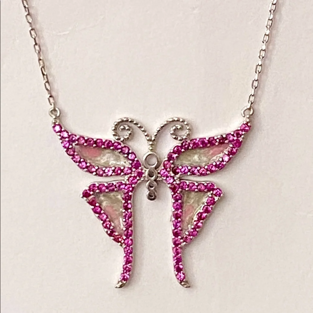 Handmade 925 silver pink enamel butterfly necklace